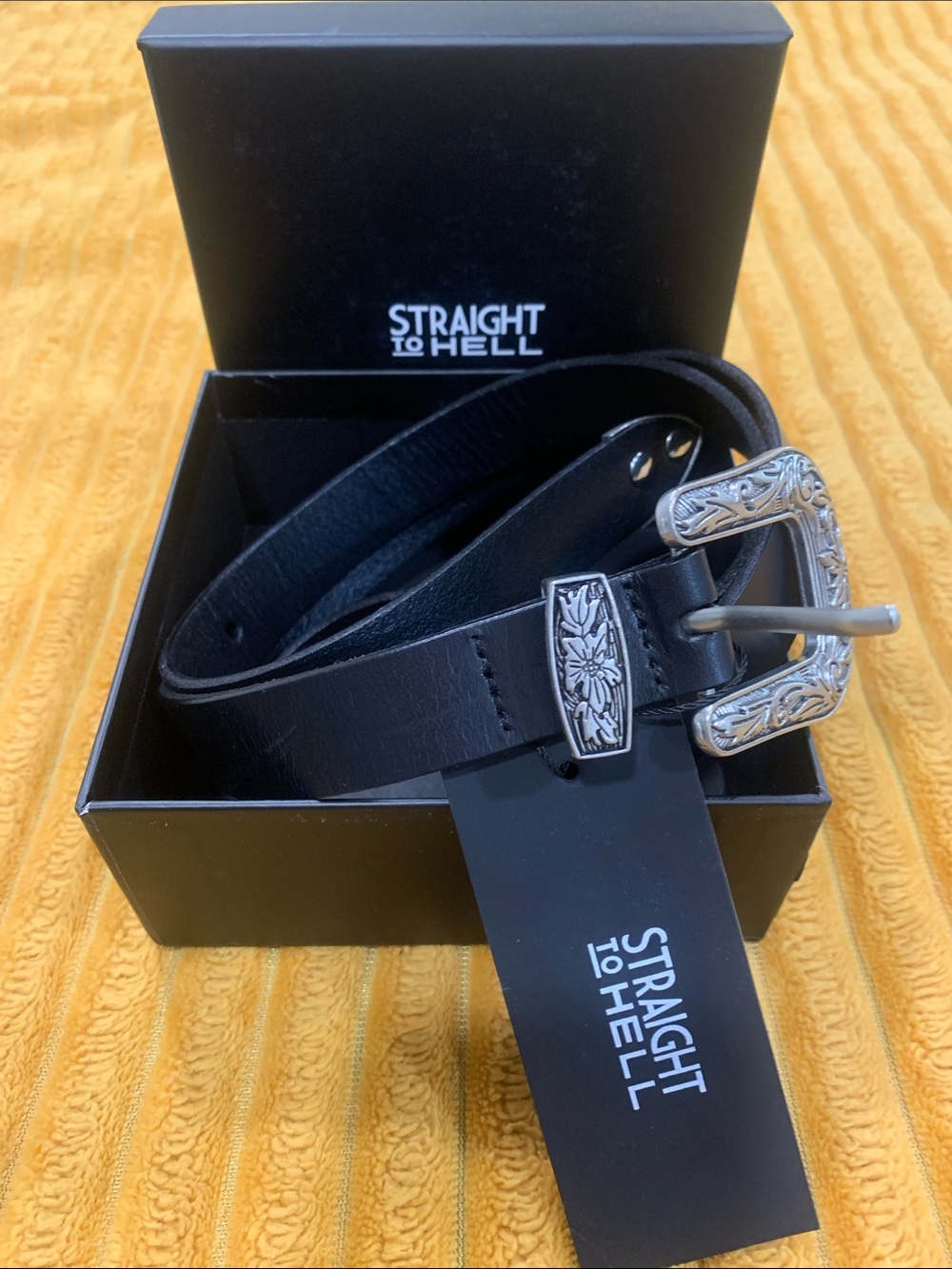 Straight to Hell Women's Black Leather Belt with Floral Silver Buckle